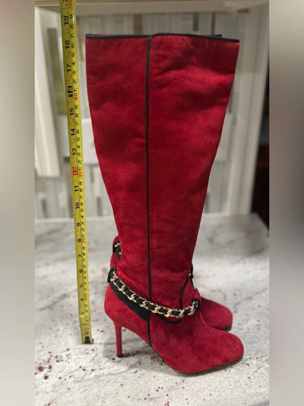 Karl Lagerfeld Maryam Red Suede Knee High Boots with Chain Trim